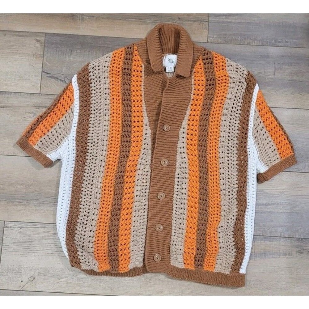 BDG Crochet Button-Up Cardigan Buttons Brown & Orange Y2K Grammacore Size Large
